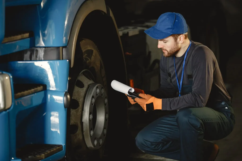Young Worker Checks Wheel Truck Malfunction Service Work 2048x1365